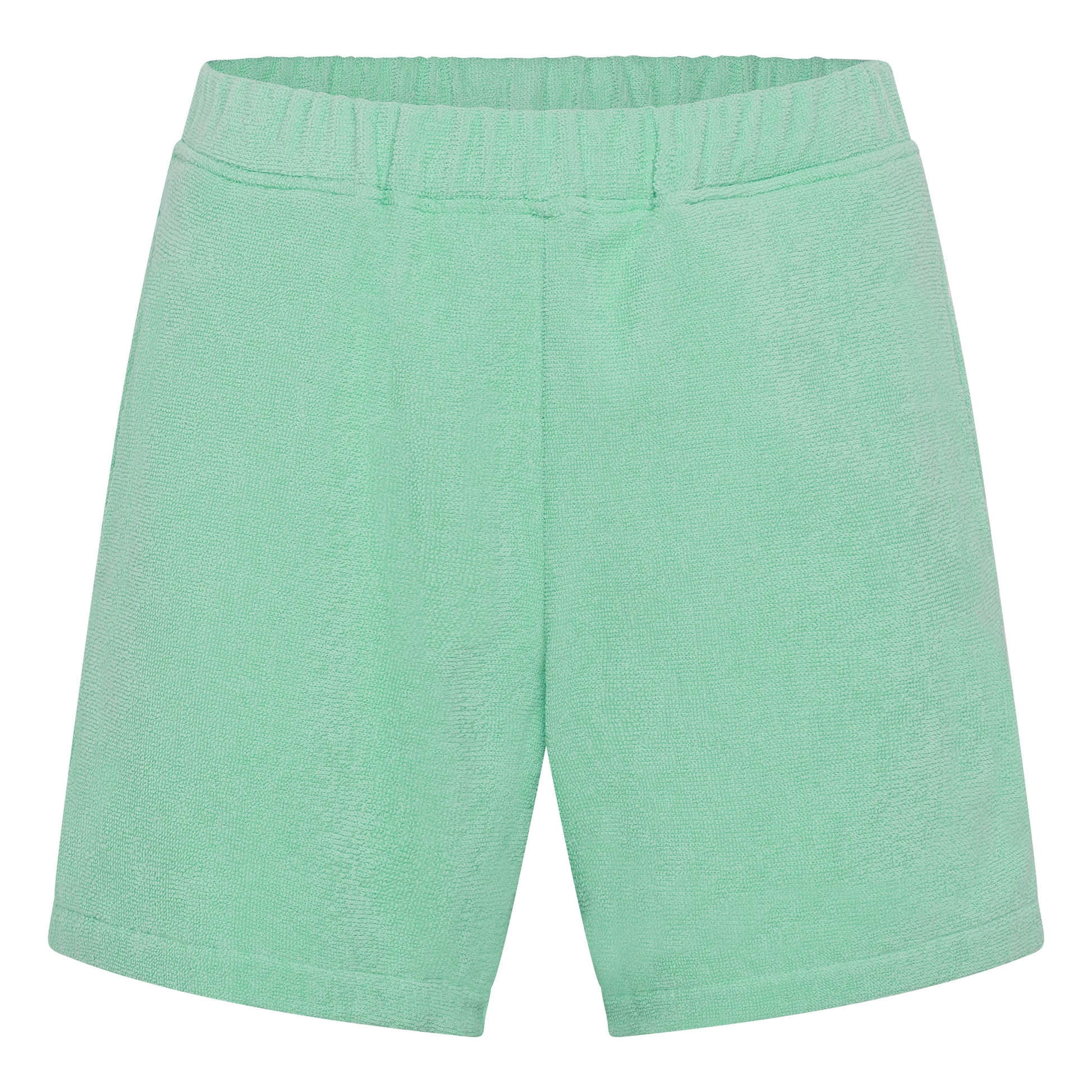 Sage green organic cotton terry relaxed fit shorts by Little Mariner with elastic waistband.