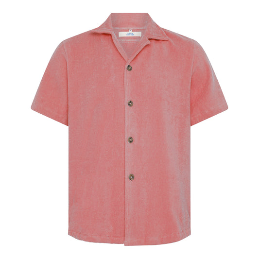 Dusty rose relaxed fit organic cotton terry short-sleeve shirt by Little Mariner with button-up front.