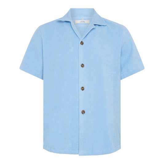 Coastal blue relaxed fit organic cotton terry short-sleeve shirt by Little Mariner with button-up front.