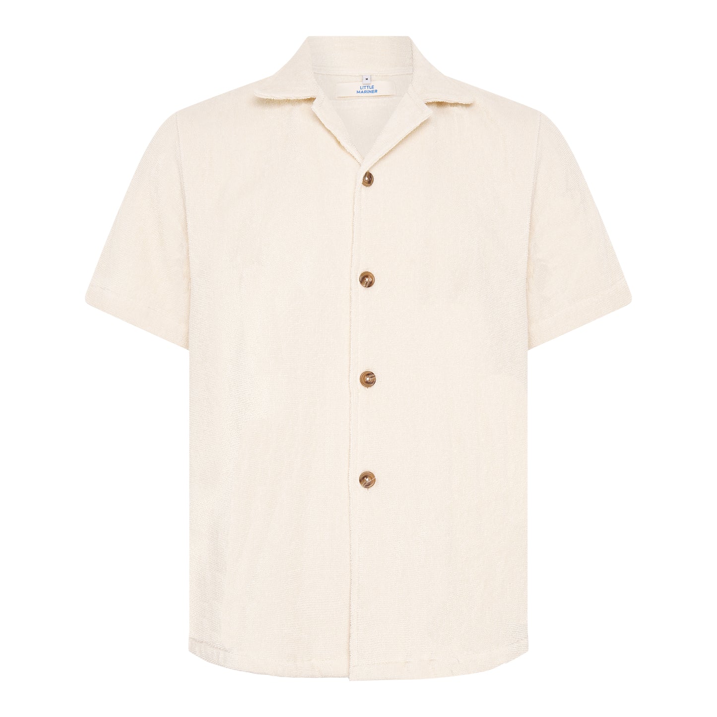 Off-white relaxed fit organic cotton terry short-sleeve shirt by Little Mariner with button-up front.