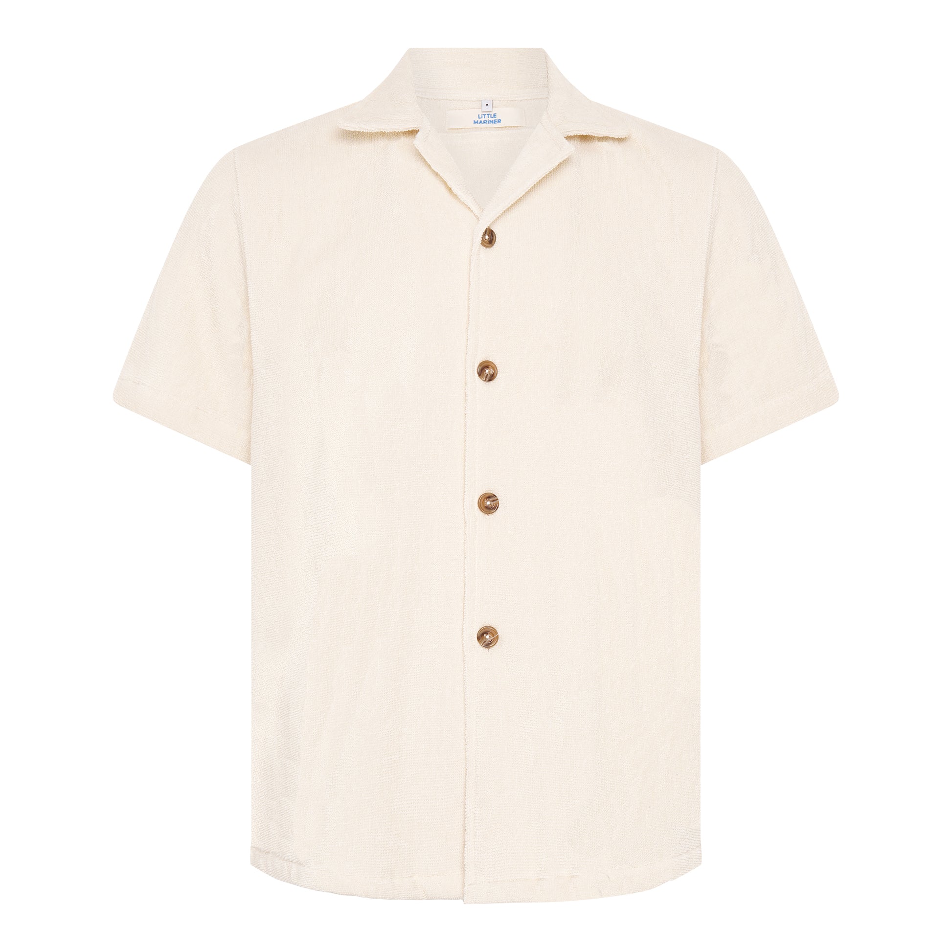 Off-white relaxed fit organic cotton terry short-sleeve shirt by Little Mariner with button-up front.