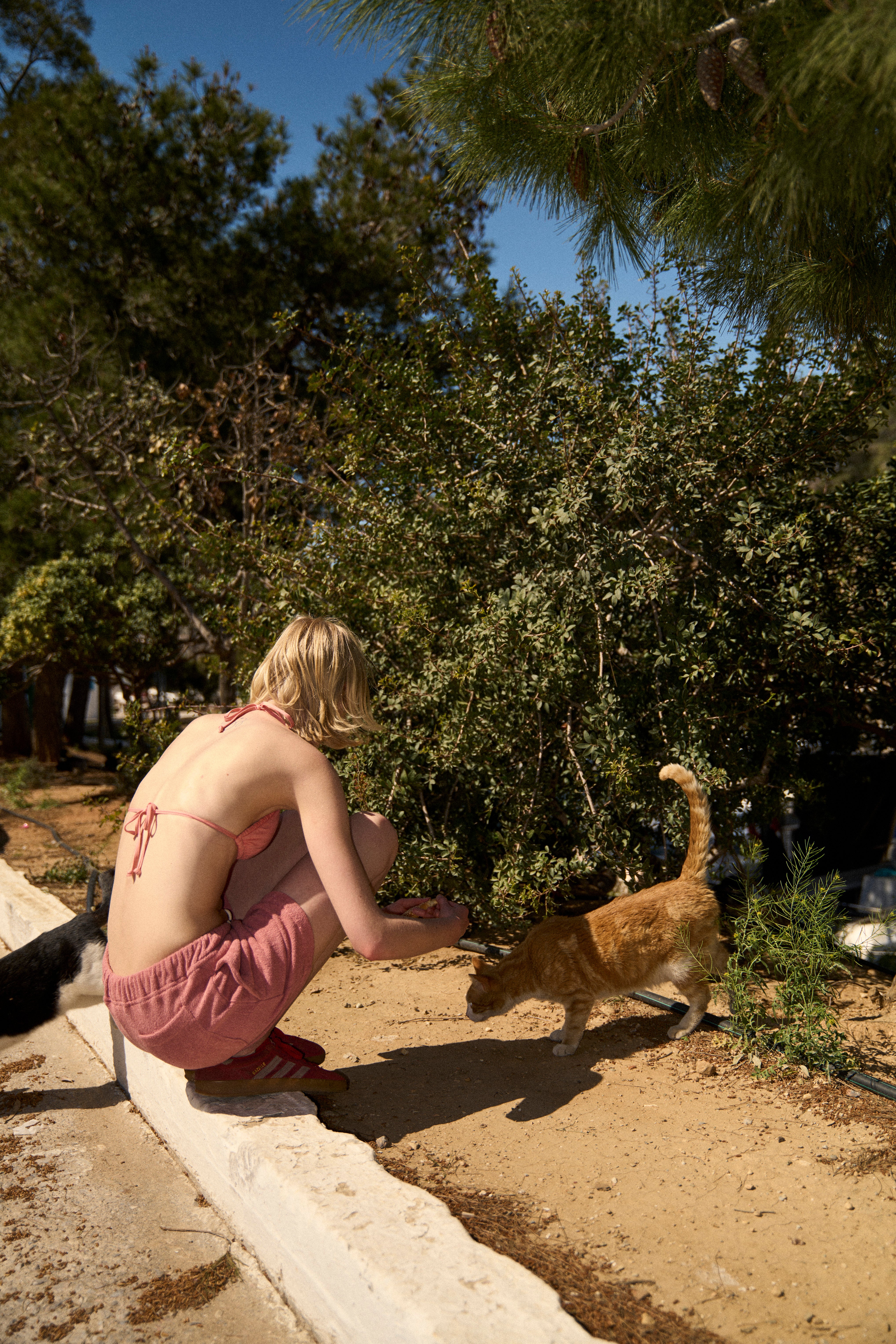 Woman in Dusty Rose terry shorts crouching to feed a cat in a sunlit Greek garden