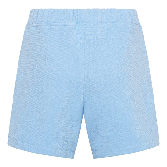 #Coastal Blue organic cotton terry relaxed fit shorts by Little Mariner with elastic waistband.