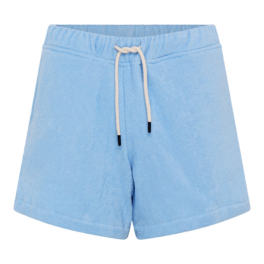 #Coastal Blue Front view of women’s coastal blue organic cotton terry relaxed fit shorts by Little Mariner with drawstring waist and elastic band.
