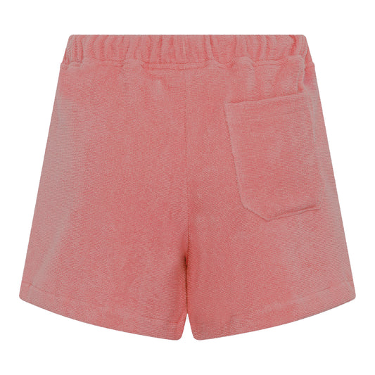 #Dusty Rose Back view of women’s dusty rose organic cotton terry relaxed fit shorts by Little Mariner with elastic waistband and patch pocket.