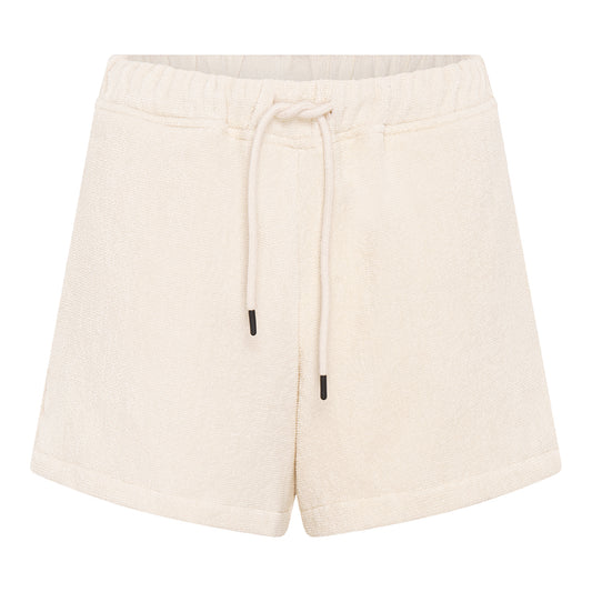 #Off-White Front view of women’s off-white organic cotton terry relaxed fit shorts by Little Mariner with drawstring waist and elastic band.