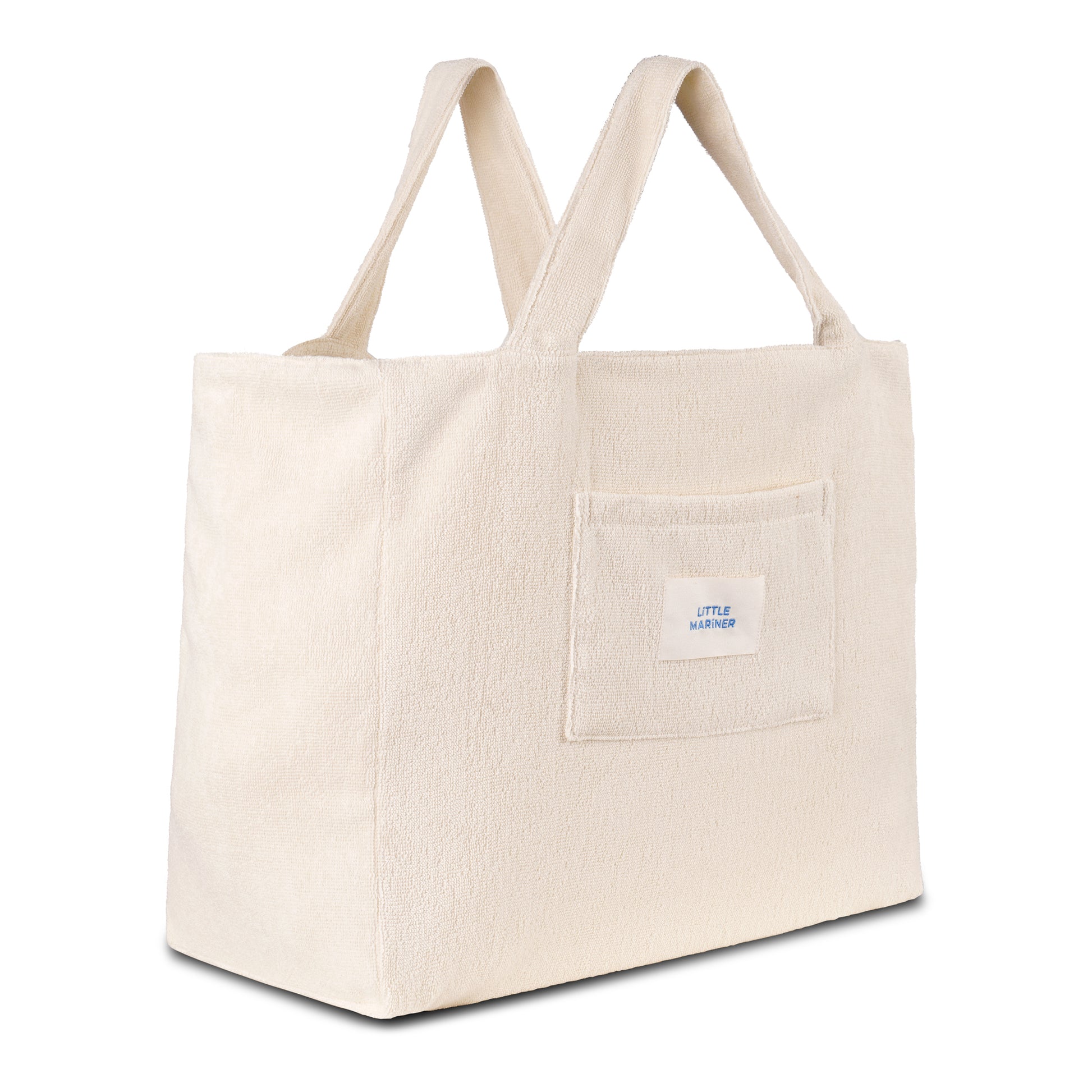 #Off-White reversible organic cotton terry beach bag by Little Mariner with front patch pocket and branded label.