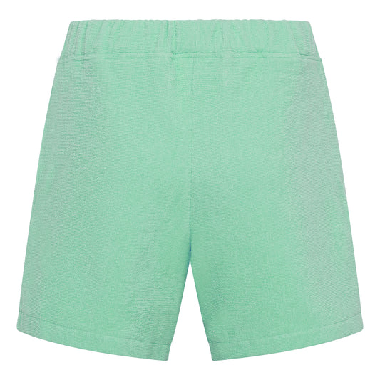 #Sage Green organic cotton terry relaxed fit shorts by Little Mariner with elastic waistband.