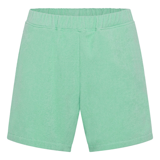 #Sage Green organic cotton terry relaxed fit shorts by Little Mariner with elastic waistband.