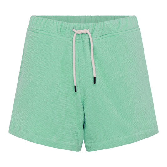 #Sage Green Front view of women’s sage green organic cotton terry relaxed fit shorts by Little Mariner with drawstring waist and elastic band.