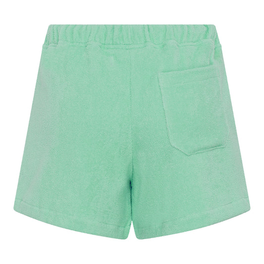 #Sage Green Back view of women’s sage green organic cotton terry relaxed fit shorts by Little Mariner with elastic waistband and patch pocket.