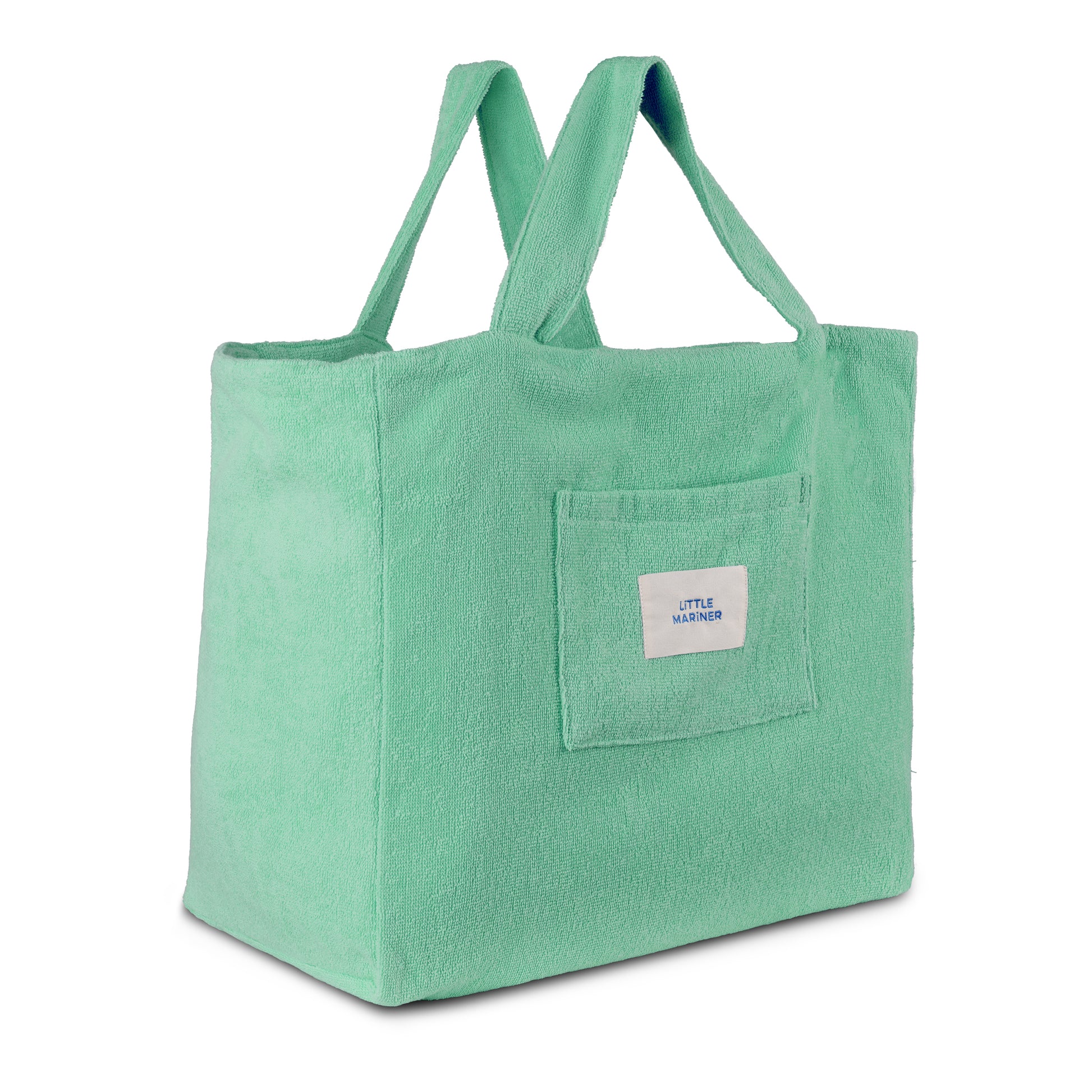 #Sage Green reversible organic cotton terry beach bag by Little Mariner with front patch pocket and branded label.