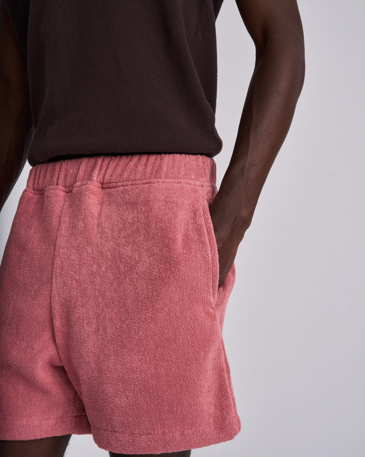 Dusty Rose men's organic cotton terry shorts with elasticated waistband and side pockets