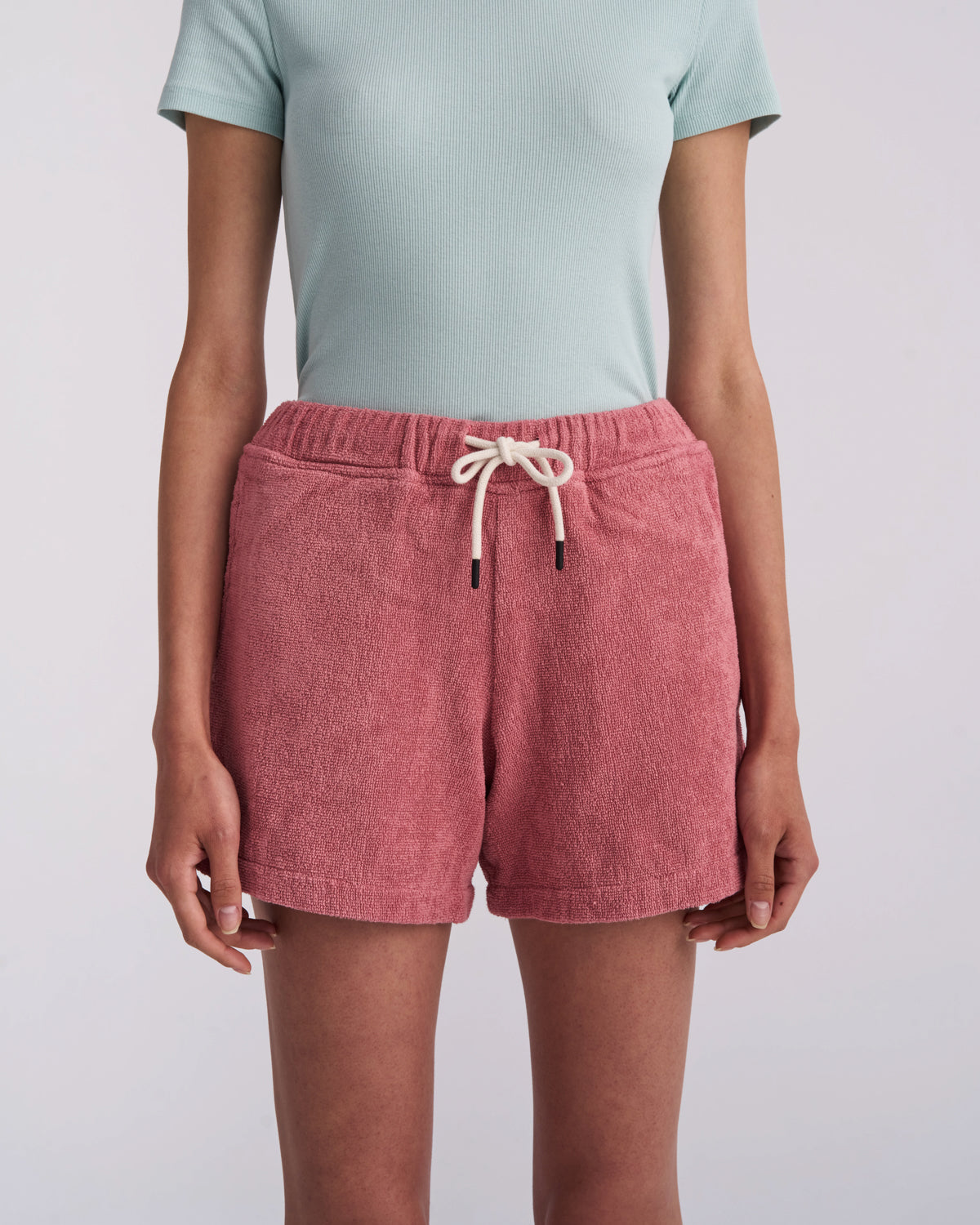 Dusty Rose women's organic cotton terry shorts with drawstring waist, front view